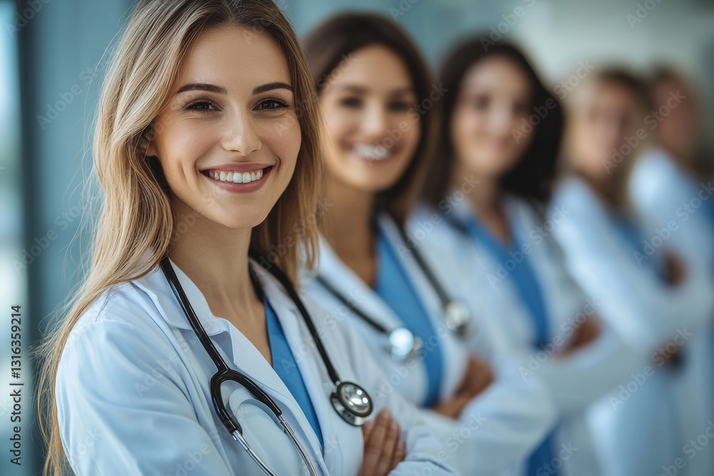 Smiling female doctors in white coats with stethoscopes, teamwork spirit Smiling female doctors in white coats with stethoscopes, teamwork spirit