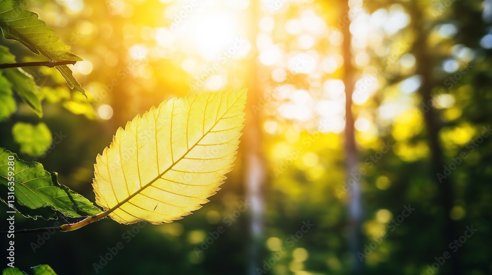 Obraz premium A single leaf in focus amidst a tranquil forest, sunlight weaving through trees, evoking harmony and natural beauty.