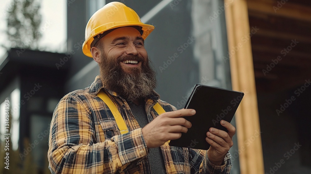 Bearded Contractor Smiling with Tablet on Construction Site Bearded Contractor Smiling with Tablet on Construction Site