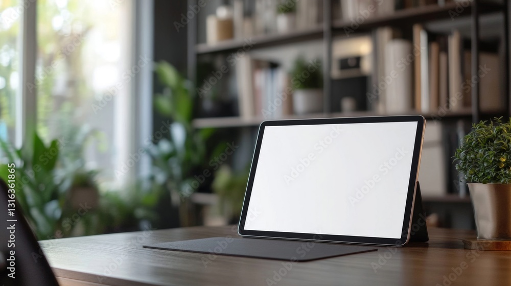 Blank Screen Tablet on Modern Wooden Desk Blank Screen Tablet on Modern Wooden Desk