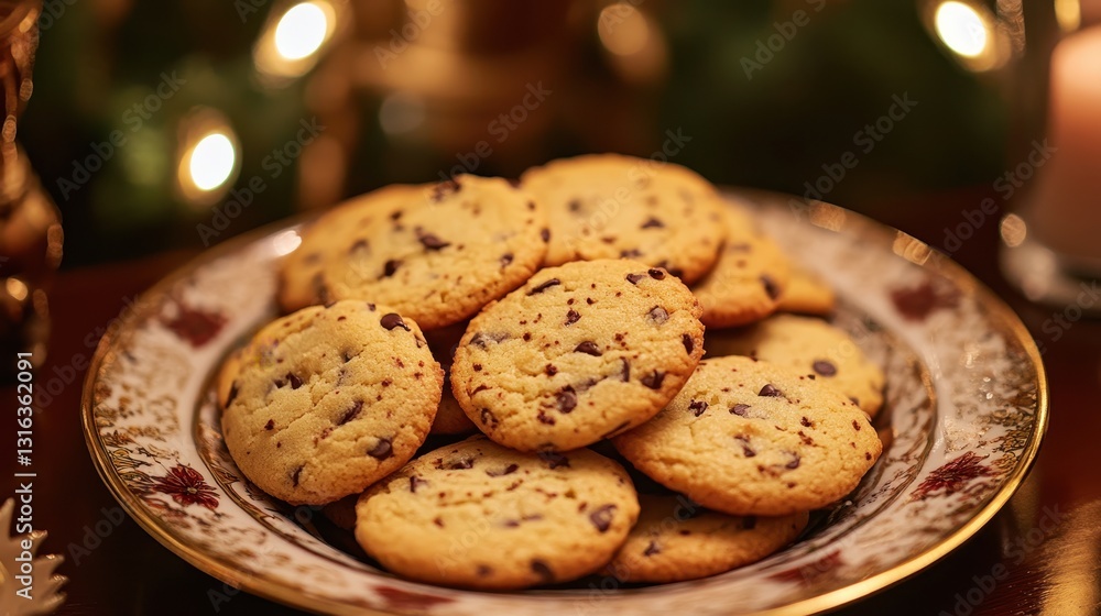 A plate adorned with golden-brown chocolate chip cookies, their warm aroma inviting a taste of pure bliss. A plate adorned with golden-brown chocolate chip cookies, their warm aroma inviting a taste of pure bliss.