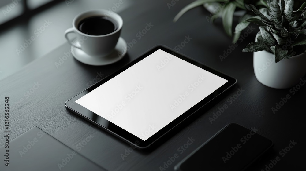 Black Tablet with Blank Screen on Dark Desk with Coffee and Plant Black Tablet with Blank Screen on Dark Desk with Coffee and Plant