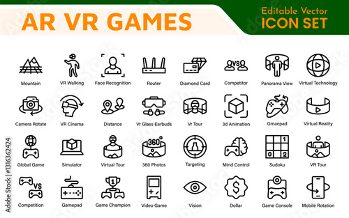 AR VR Games Icons Collection. Vector-Based Icons for Virtual Reality, Augmented Reality, Gaming, and Immersive Tech