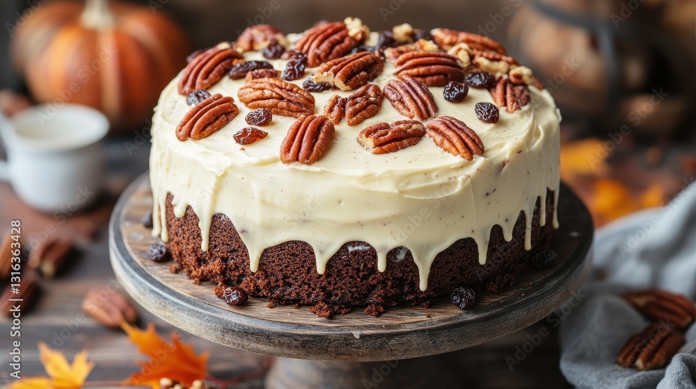 A moist and crumbly cake, studded with candied pecans and raisins, adorned with a cream cheese frosting, a classic symbol of autumnal indulgence. A moist and crumbly cake, studded with candied pecans and raisins, adorned with a cream cheese frosting, a classic symbol of autumnal indulgence.