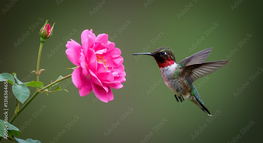 Naklejka premium Hummingbird gracefully hovers near vibrant pink rose soft natural light. AI Generated
