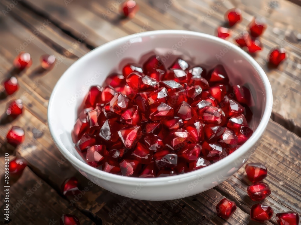 Bowl of Pomegranate Seeds on Wooden Table Bowl of Pomegranate Seeds on Wooden Table