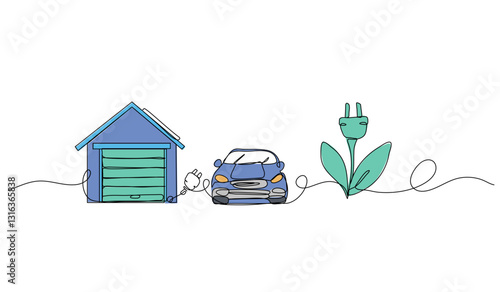 Vector illustration of garage, car, and flower. Modern flat in continuous line style.