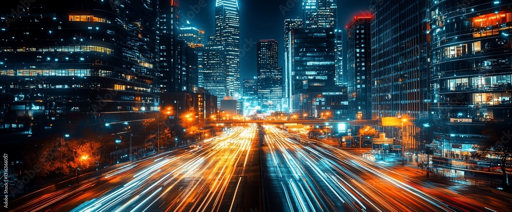 Naklejka premium City Night Lights Highway Traffic Skyscrapers Urban Modern Architecture