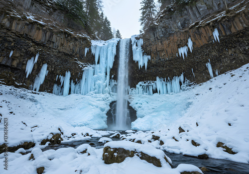 A frozen waterfall cascading down a rugged cliff in winter.