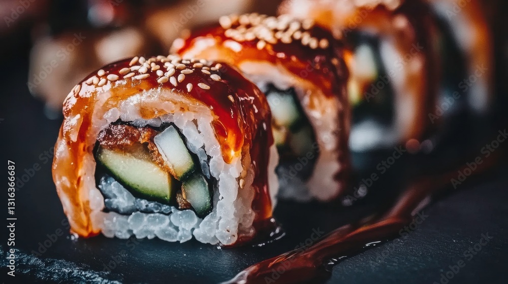 Eel and Avocado Rolls with Unagi Sauce and Sesame Seeds Eel and Avocado Rolls with Unagi Sauce and Sesame Seeds