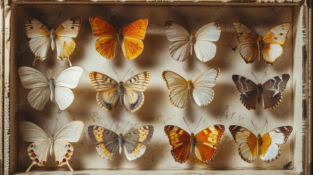 A close-up of a beautifully preserved butterfly collection, each specimen pinned and labeled in a display box.
