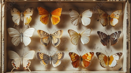 Obraz na płótnie A close-up of a beautifully preserved butterfly collection, each specimen pinned and labeled in a display box. w salonie