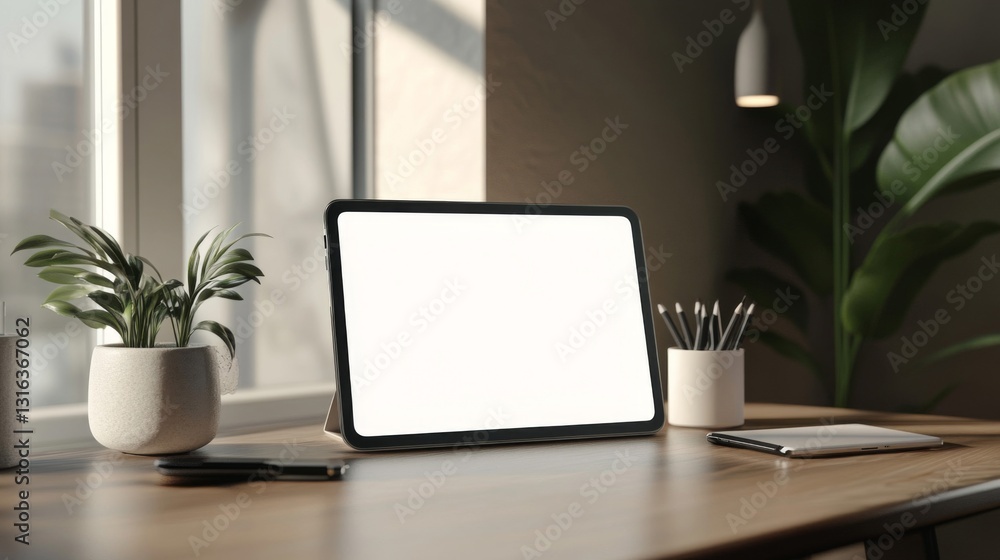 Modern Minimalist Workspace with Blank Tablet Screen Modern Minimalist Workspace with Blank Tablet Screen