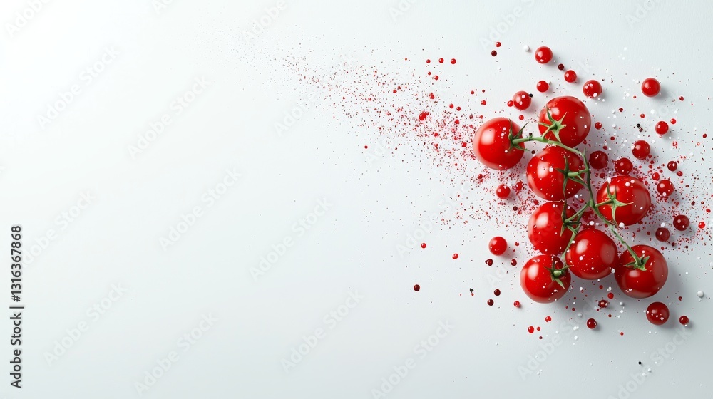 Fresh Red Cherry Tomatoes on Vine with Spices, White Background, Food Photography, Culinary Art, Healthy Eating, Diet Fresh Red Cherry Tomatoes on Vine with Spices, White Background, Food Photography, Culinary Art, Healthy Eating, Diet