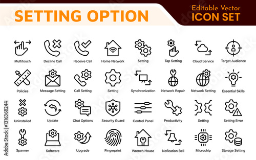 Settings, icon set. Containing options, configuration, preferences, adjustments, operation, gear, control panel, equalizer, management, optimization and productivity icons.