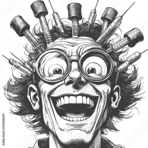 The image features a crazed scientist with syringes in their hair, laughing maniacally, and represents the chaotic science and eccentricity essence through a generative AI raster illustration in a