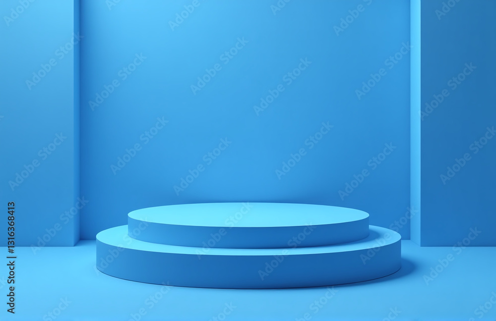 A Blue Vector 3d Illustration Of A Platform With A Raised Podium For Showcasing Products In A Detailed Composition. A Blue Vector 3d Illustration Of A Platform With A Raised Podium For Showcasing Products In A Detailed Composition.