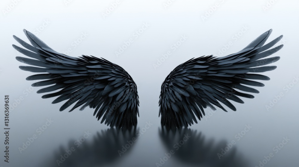 Naklejka premium Black feathered wings against a minimalistic light background, showcasing elegance, beauty, and the concept of freedom or transformation in visual art