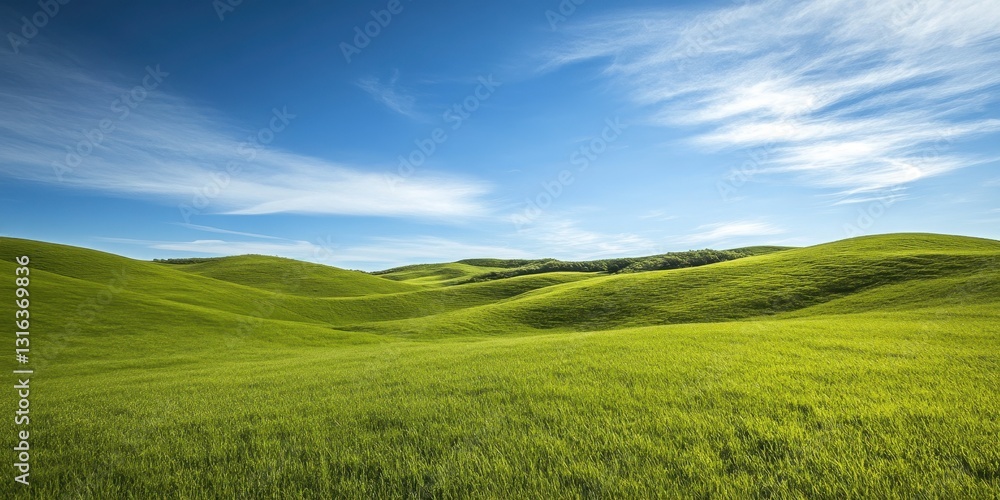 A hilly terrain covered in lush greenery under a bright blue sky, inviting exploration and adventure. A hilly terrain covered in lush greenery under a bright blue sky, inviting exploration and adventure.