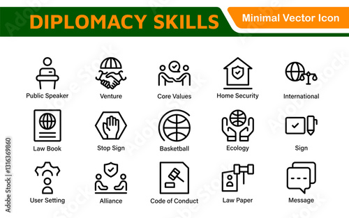 Diplomacy Line  Icons set. Vector illustration in modern thin line style of political dialogue related icons: summit, diplomatic, politics, debate, and more.