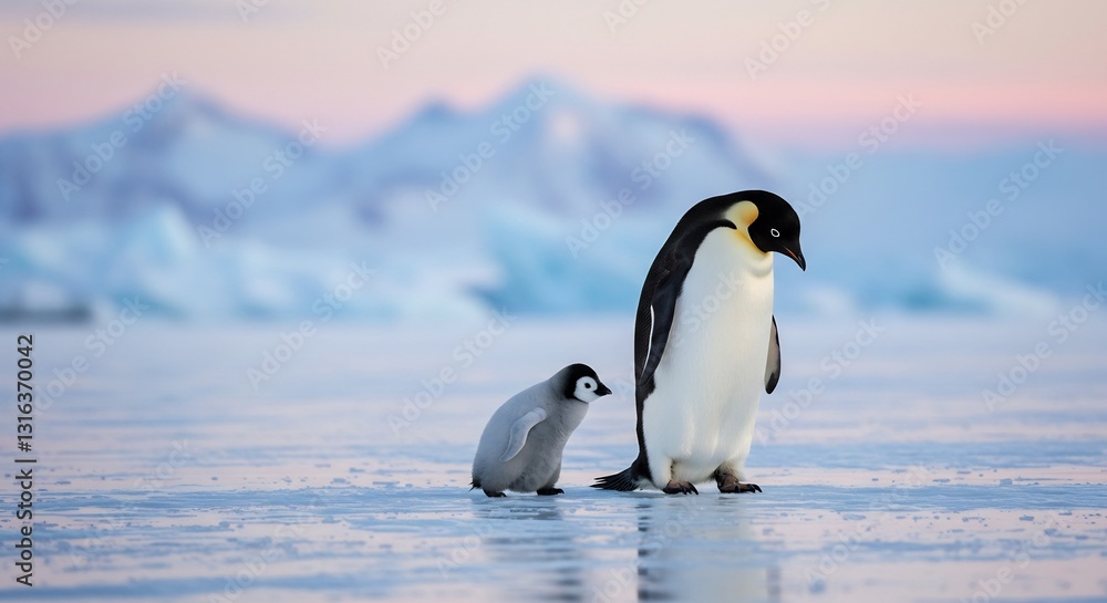 Fototapeta premium Emperor penguin chick follows parent across glistening Antarctic ice under soft dawn light. AI Generated