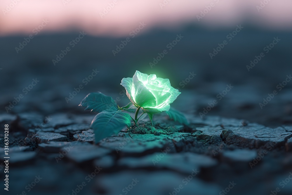 A radioactive rose emits a soft neon green glow while emerging from cracked barren soil. The soft-focus background creates an eerie cinematic atmosphere, enhancing its surreal beauty A radioactive rose emits a soft neon green glow while emerging from cracked barren soil. The soft-focus background creates an eerie cinematic atmosphere, enhancing its surreal beauty
