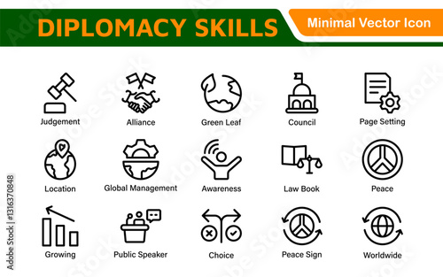 Diplomacy Line  Icons set. Vector illustration in modern thin line style of political dialogue related icons: summit, diplomatic, politics, debate, and more.