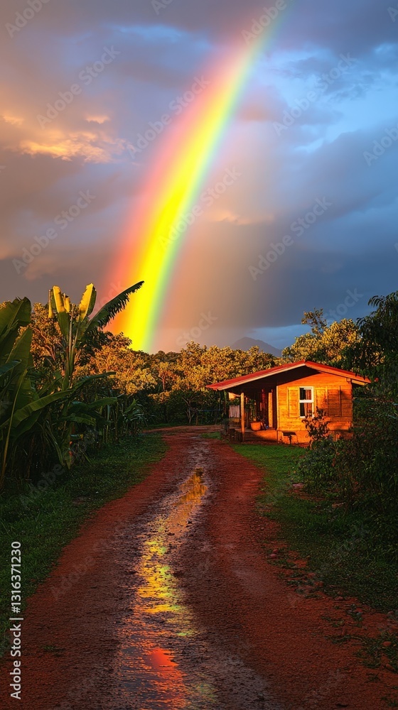 Obraz premium Vibrant rainbow over a serene rural landscape.