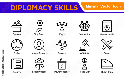 Diplomacy Line  Icons set. Vector illustration in modern thin line style of political dialogue related icons: summit, diplomatic, politics, debate, and more.