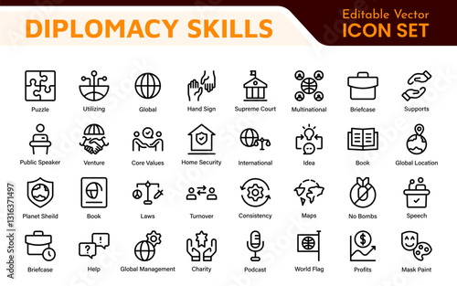 Diplomacy Line  Icons set. Vector illustration in modern thin line style of political dialogue related icons: summit, diplomatic, politics, debate, and more.