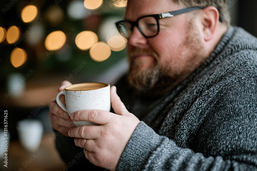 A thoughtful overweight man sits in a cozy cafe, holding a warm cup of coffee. The soft-focus background and warm ambient lighting create a peaceful mood perfect for reflection A thoughtful overweight man sits in a cozy cafe, holding a warm cup of coffee. The soft-focus background and warm ambient lighting create a peaceful mood perfect for reflection