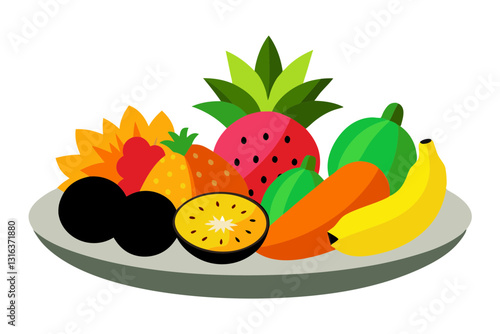Tropical Fruit Vector Illustration on Elegant Ceramic Plate