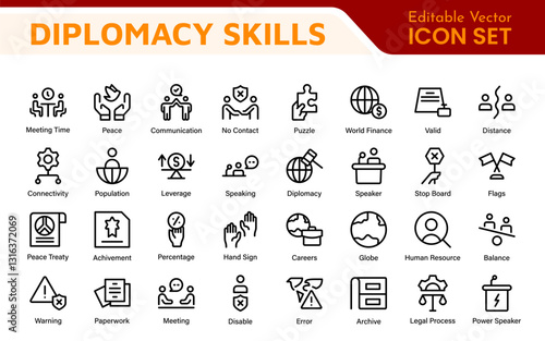 Diplomacy Line  Icons set. Vector illustration in modern thin line style of political dialogue related icons: summit, diplomatic, politics, debate, and more.