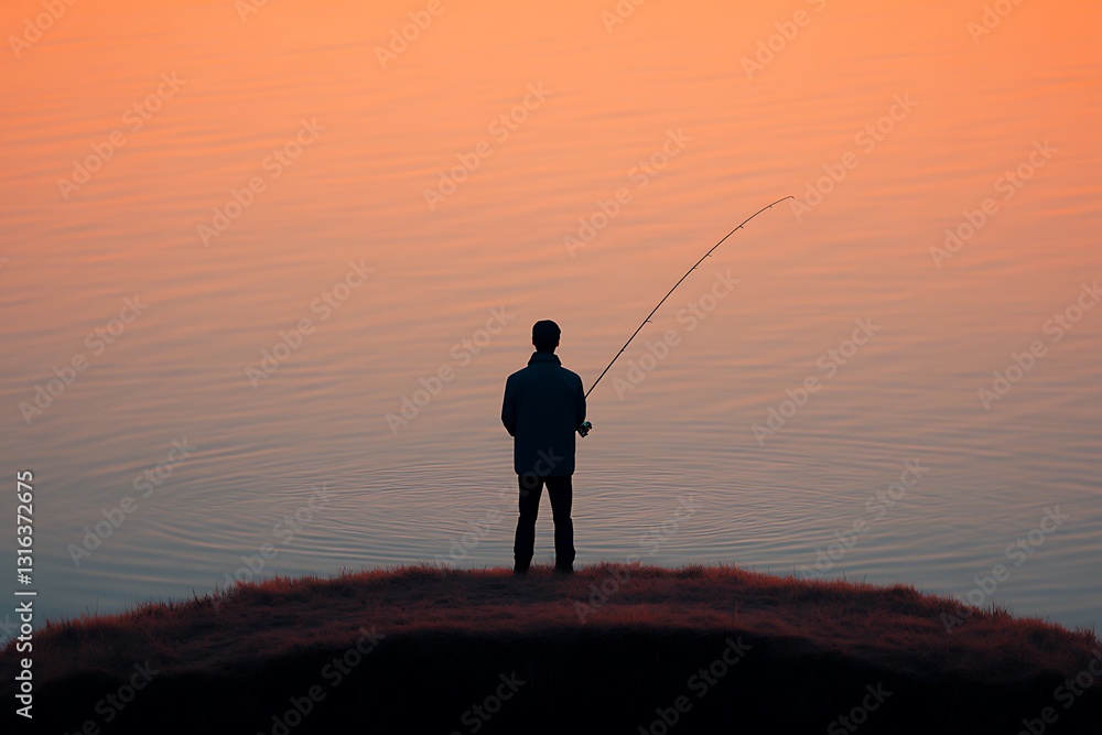 Silhouette Fisherman on Hilltop at Sunset Silhouette Fisherman on Hilltop at Sunset