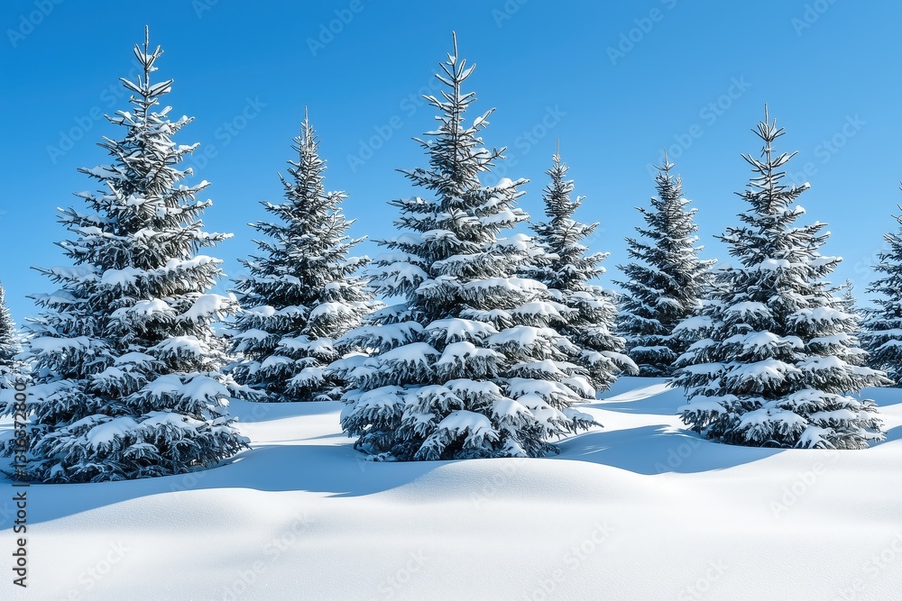 Naklejka premium Snow-Covered Fir Trees on a Sunny Winter Day: A Majestic Winter Wonderland