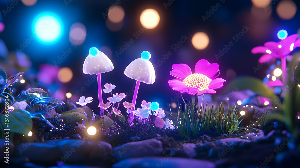 Enchanted Glow of Fantasy Fungi and Vibrant Flowers at Night Enchanted Glow of Fantasy Fungi and Vibrant Flowers at Night