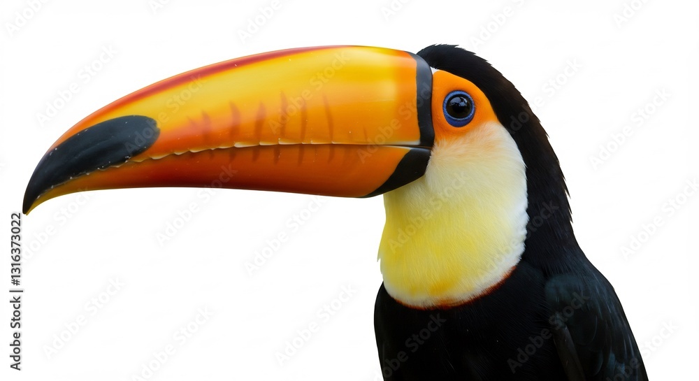 Naklejka premium Vibrant Toucan Head Closeup Striking Pose Bright Colorful Feathers. AI Generated
