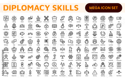 Diplomacy Line  Icons set. Vector illustration in modern thin line style of political dialogue related icons: summit, diplomatic, politics, debate, and more.