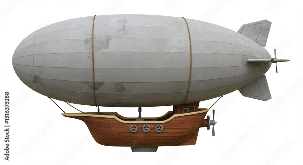 Obraz premium Vintage Airship Soaring Gently Wooden Gondola Soft Light. AI Generated
