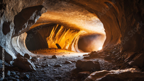 Wallpaper Mural A natural cave interior, featuring a tunnel-like passage with rugged, textured walls that curve inward, illuminated by soft, natural light from above, creating a sense of depth and perspective Torontodigital.ca