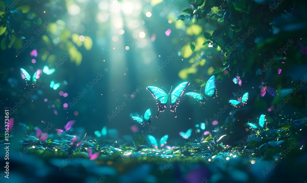 Fototapeta premium Enchanting Forest Scene with Colorful Butterflies Flying Freely