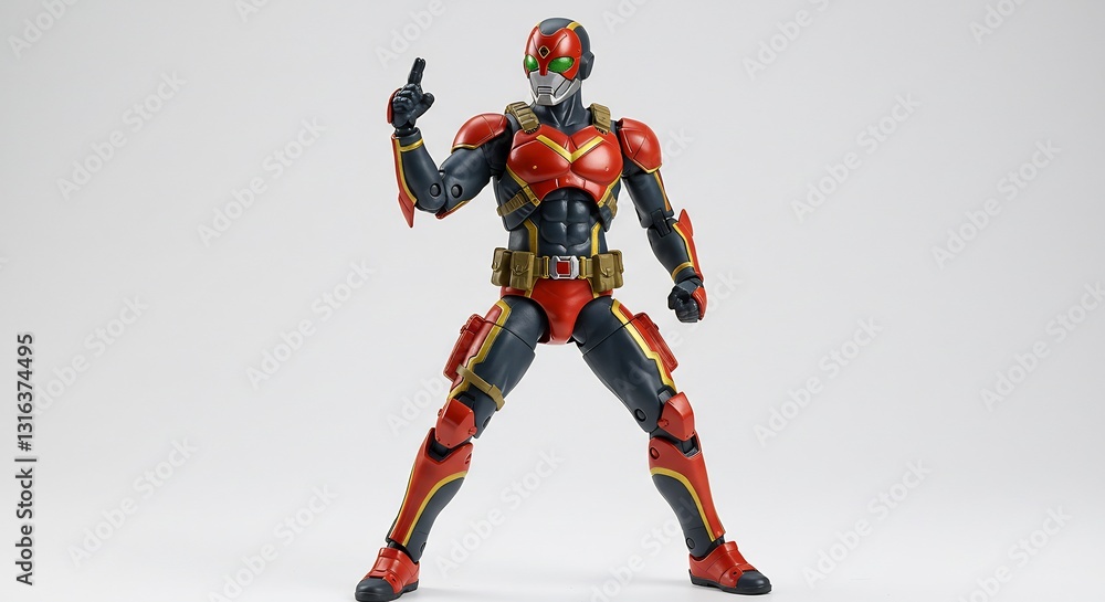 Dynamic red superhero action figure boldly poses against bright studio light. AI Generated Dynamic red superhero action figure boldly poses against bright studio light. AI Generated