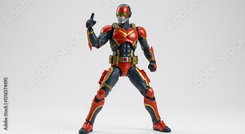 Dynamic red superhero action figure boldly poses against bright studio light. AI Generated