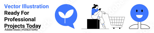 Woman sitting and browsing on mobile near a shopping cart, blue chat bubble with leaf, smiling face icon. Ideal for e-commerce, communication, environment, health, technology, positivity flat