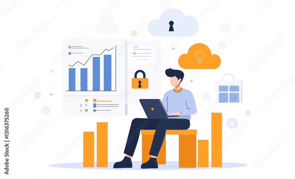 Man analyzing data on laptop, cloud security. Man analyzing data on laptop, cloud security.