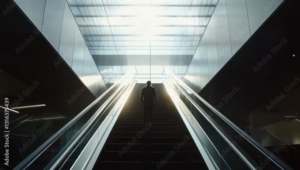 Man ascending escalator in modern building, sunlight. Man ascending escalator in modern building, sunlight.