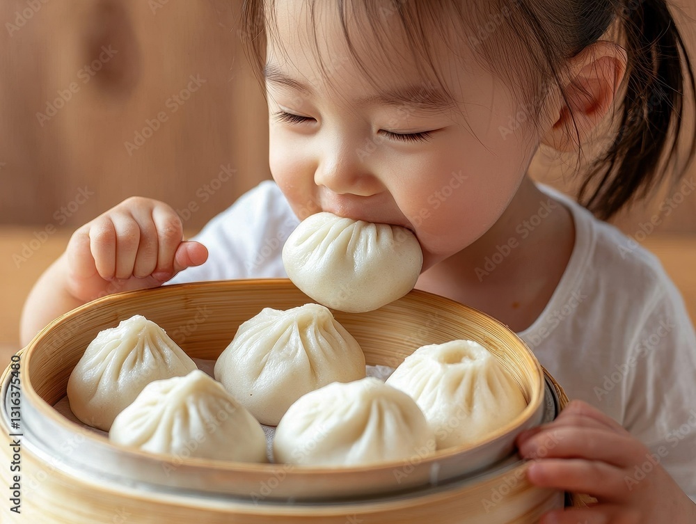 A joyful child enjoys a dumpling, surrounded by a bamboo steamer filled with more dumplings, highlighting a moment of delight in food. A joyful child enjoys a dumpling, surrounded by a bamboo steamer filled with more dumplings, highlighting a moment of delight in food.