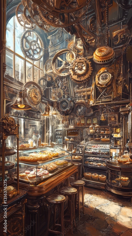 Obraz premium Intricate steampunk bakery interior with delicious pastries and mechanical gears