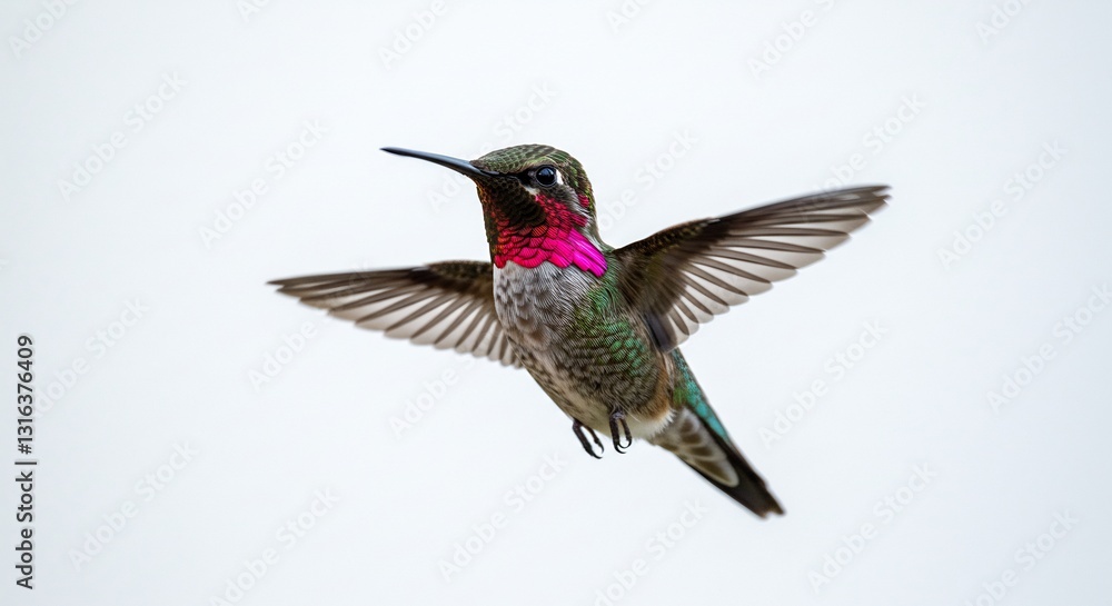 Fototapeta premium Vibrant hummingbird hovers gracefully against soft white light. AI Generated