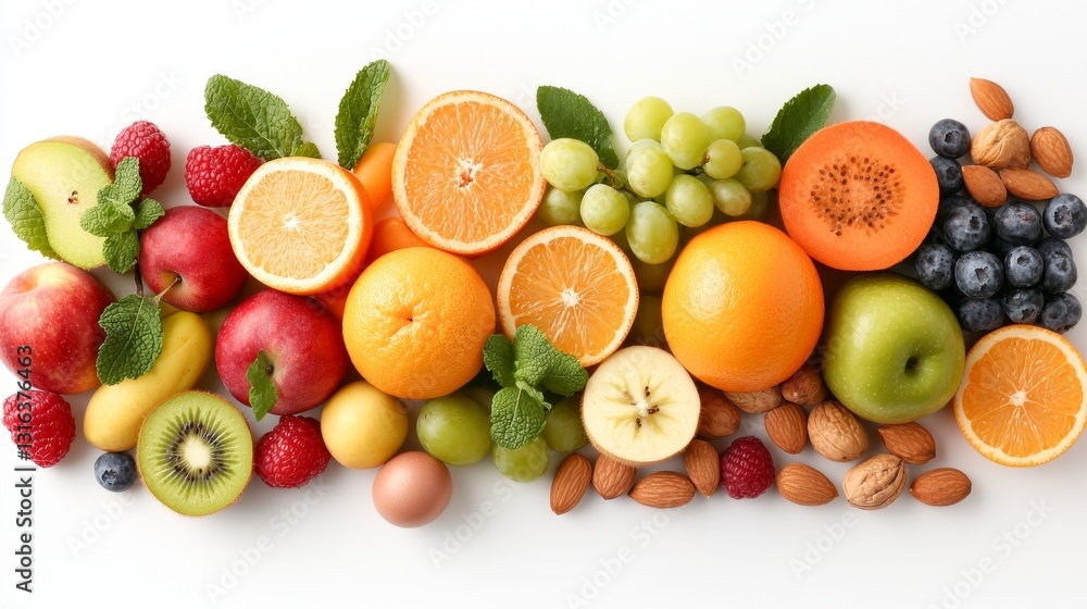 Vibrant Assortment of Fresh Fruits and Nuts on White Background for Healthy Eating and Nutrition. Vibrant Assortment of Fresh Fruits and Nuts on White Background for Healthy Eating and Nutrition.
